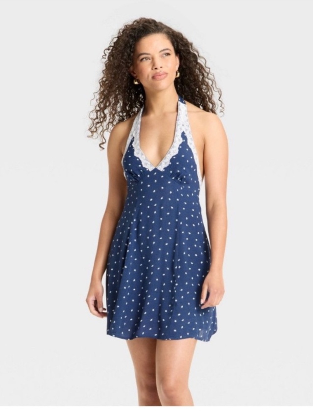 wild fable Navy Blue Polka Dot Lace-Trim Halter Slip Dress